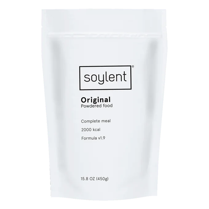 A pouch of Soylent Complete Meal Powder